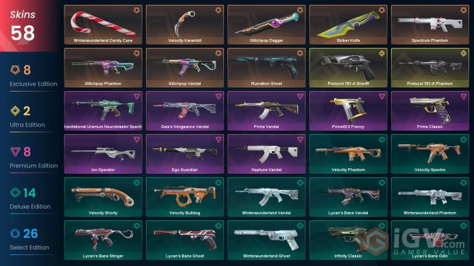 EU / 58 Skins / Prime Vandal / Gaia's Vengeance Vandal / Velocity Karambit / Glitchpop Dagger / Striker Knife / V154