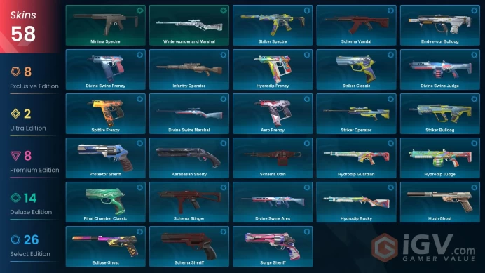 EU / 58 Skins / Prime Vandal / Gaia's Vengeance Vandal / Velocity Karambit / Glitchpop Dagger / Striker Knife / V154