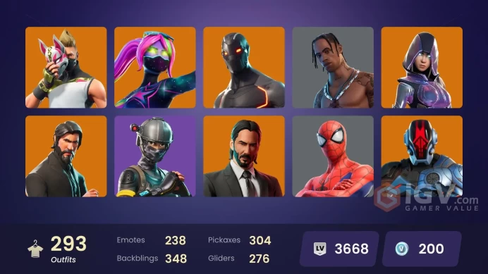 | FA | 287 Skins | Travis Scott | The Reaper | Glow | Gold Brutus | Gold Midas | Prodigy | OG STW |