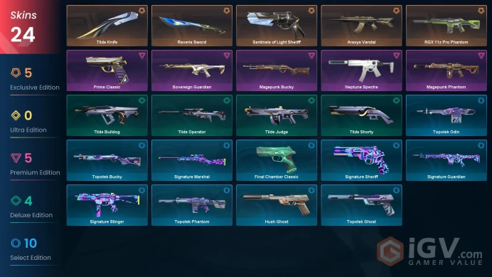 24 skins | RGX 11z Pro Phantom | Araxys Vandal | Tilde Knife | Reverie Sword | Magepunk Phantom | Sentinels of Light Sheriff | S9694