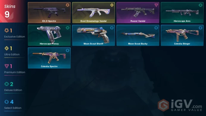 AP 9 skins | Evori Dreamwings Vandal | EX.O Spectre | Reaver Vandal | Hieroscape Frenzy | Hieroscape Ares | Moon Scout Bucky | V0062