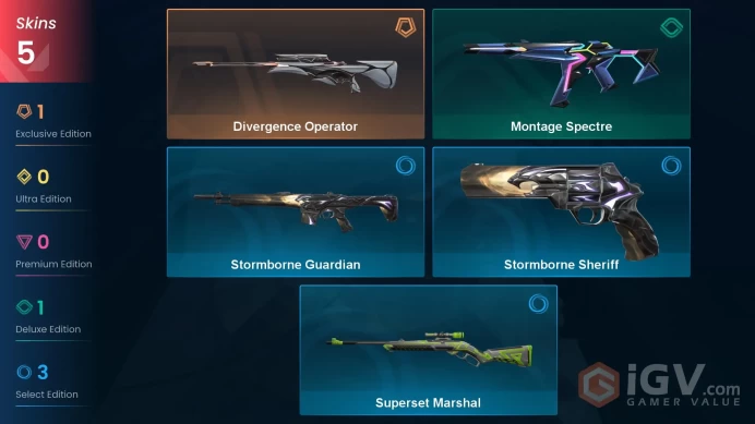 EU 5 skins | Divergence Operator | Montage Spectre | Stormborne Guardian | Stormborne Sheriff | Superset Marshal | V0272