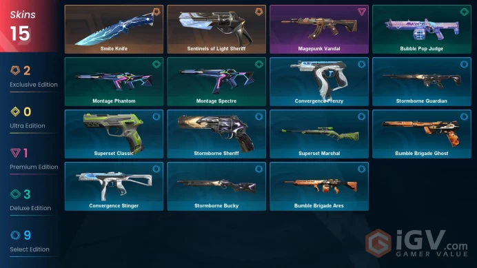 EU 14 skins 1 knifes | Sentinels of Light Sheriff | Smite Knife | Magepunk Vandal | Bubble Pop Judge | Montage Spectre | Montage Phantom | V0295