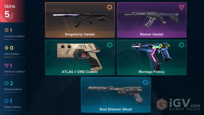 EU 5 skins | Singularity Vandal | Reaver Vandal | ATLAS // CMD Classic | Montage Frenzy | Soul Silencer Ghost | V0479