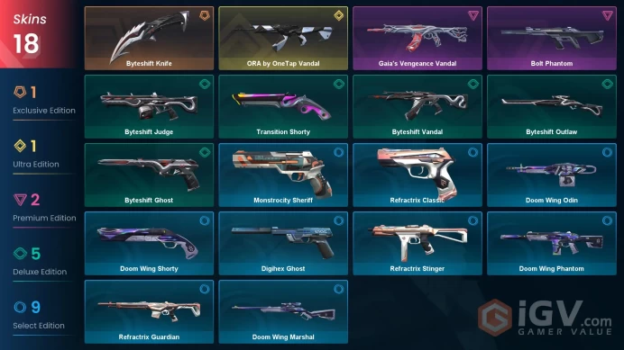 EU 18 skins | ORA by OneTap Vandal | Byteshift Knife | Gaia's Vengeance Vandal | Bolt Phantom | Byteshift Outlaw | Byteshift Vandal | V0564
