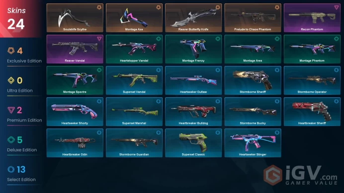 LATAM 24 skins | Soulstrife Scythe | Reaver Butterfly Knife | Reaver Vandal | Montage Axe | Prelude to Chaos Phantom | Recon Phantom | V0585
