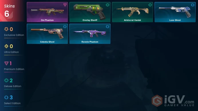 EU 6 skins | Oni Phantom | Overlay Sheriff | Aristocrat Vandal | Luxe Ghost | Celestia Ghost | Reverie Phantom | V0589