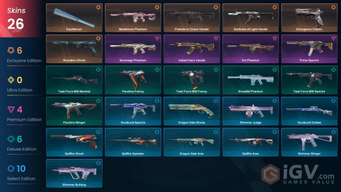 NA 26 skins | Mystbloom Phantom | Prelude to Chaos Vandal | Equilibrium | Sentinels of Light Vandal | Valiant Hero Vandal | Oni Phantom | V0592