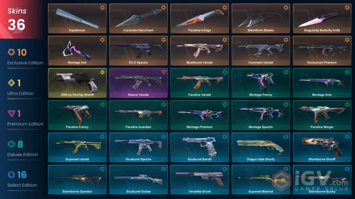 NA 36 skins | Kuronami Vandal | Singularity Butterfly Knife | Nocturnum Phantom | Reaver Vandal | Montage Axe | Mystbloom Vandal | V0594