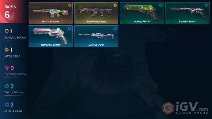 AP 6 skins | Elderflame Vandal | BlastX Phantom | Overlay Sheriff | Byteshift Ghost | Retrowave Sheriff | Luxe Operator | V0409