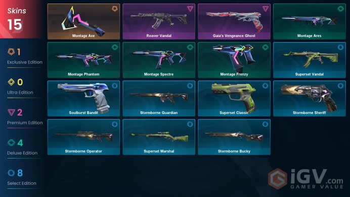 EU 15 skins | Reaver Vandal | Montage Axe | Gaia's Vengeance Ghost | Montage Phantom | Montage Spectre | Montage Ares | Montage Frenzy | V0595