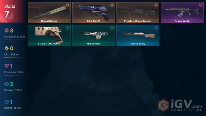 EU 7 skins | Recon Balisong | Reaver Vandal | Prelude to Chaos Operator | EX.O Sheriff | ATLAS // CMD Classic | Altitude Odin | V0635