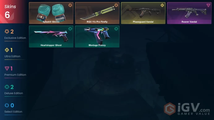 AP | VP 800 | LVL 72 | Phaseguard Vandal | SplashX Gloves | RGX 11z Pro Firefly | Reaver Vandal | Montage Frenzy | Heartstopper Ghost | V0271