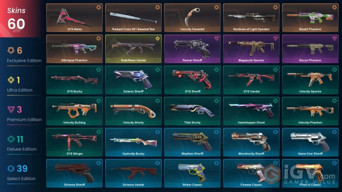 AP | 44 VP | 60 skins | Elderflame Vandal | Velocity Karambit | BlastX Phantom | Glitchpop Phantom | .SYS Melee | V0202