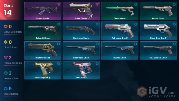 14 skins | Reaver Vandal | Prime Classic | Byteshift Ghost | Comet Ghost | Artisan Ghost | Swooping Frenzy | Digihex Ghost | O3444
