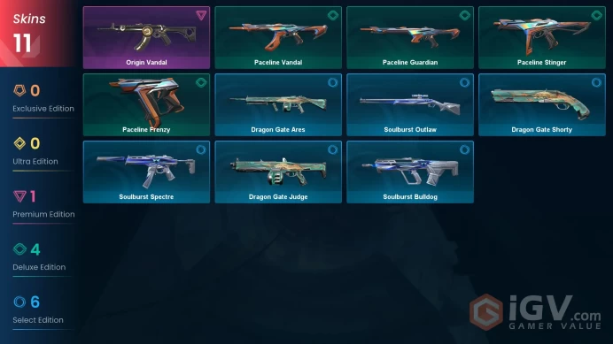 11 skins | Origin Vandal | Paceline Frenzy | Paceline Guardian | Paceline Vandal | Paceline Stinger | Soulburst Bulldog | P1839