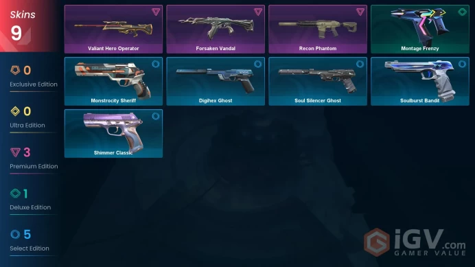 9 skins | Forsaken Vandal | Recon Phantom | Valiant Hero Operator | Montage Frenzy | Shimmer Classic | Soul Silencer Ghost | Y1990