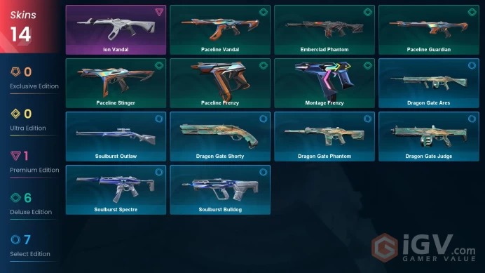 14 skins | Ion Vandal | Paceline Frenzy | Emberclad Phantom | Paceline Guardian | Montage Frenzy | Paceline Stinger | M8144