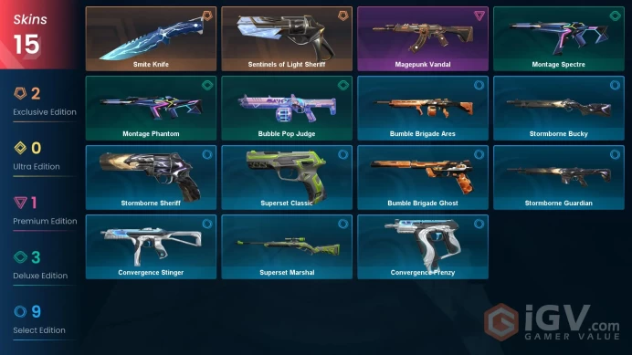 EU 14 skins 1 knifes | Sentinels of Light Sheriff | Smite Knife | Magepunk Vandal | Bubble Pop Judge | Montage Spectre | Montage Phantom | V0295