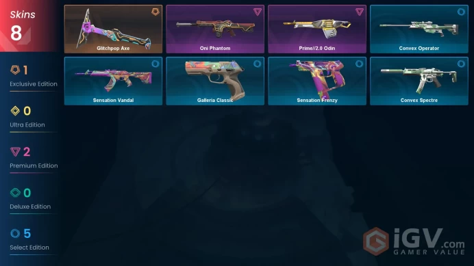 AP 8 skins 1 knifes | Glitchpop Axe | Oni Phantom | Prime//2.0 Odin | Sensation Vandal | Galleria Classic | Convex Operator | V0289