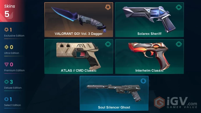 AP 5 skins | VALORANT GO! Vol. 3 Dagger | Interhelm Classic | Solarex Sheriff | ATLAS // CMD Classic | Soul Silencer Ghost | V0392