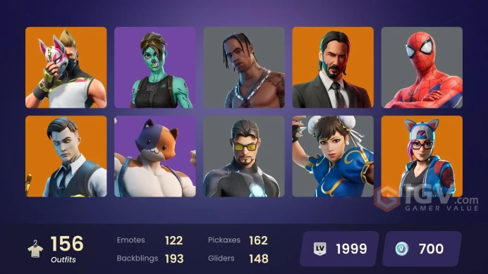 153 skins | OG STW | Travis Scott | Chun-Li | Gold TNTina | Gold Midas | Gold Meowscles | Gold Brutus | Ultima Knight | Singularity | Menace