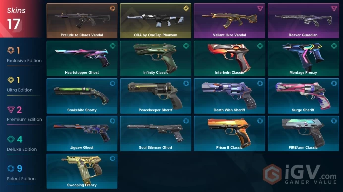 AP 17 skins | ORA by OneTap Phantom | Prelude to Chaos Vandal | Reaver Guardian | Valiant Hero Vandal | Montage Frenzy | V0303