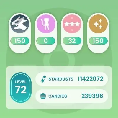 Level 72, 1 Legend IV100, 150 Shiny, 150 Legend, 32 IV 100, 10 Shiny Legend, 48 Shadow Legend