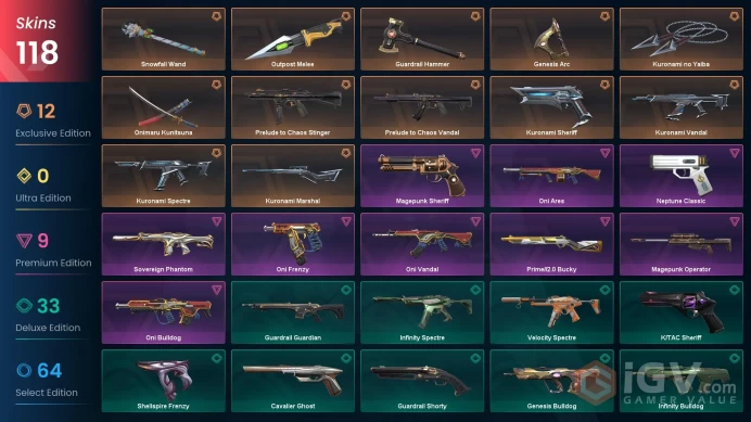 NA | 118 Skins | Kuronami Bundle EP8, Oni Bundl EP6, Prelude to Chaos Vandal, Neptune Classic, Sovereign Phantom, Prelude to Chaos Stinger