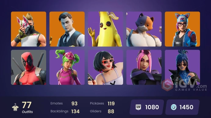 ACC318 Fortnite Account [PC] 77 skins | Drift | Lynx | Zenith | The Visitor | Carbide | Gear Specialist Maya | Malik | Midas| 1450 VB 
