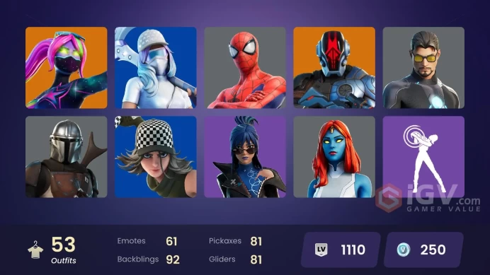 | PC | 53 SKINS | Blizzard Bomber | Peter Griffin | Mandalorian | Ronin | The Foundation | Valeria | Vi | Galaxia | Reese | 250 VBUCKS | GMa3H |
