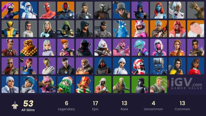 | PC | 53 SKINS | Blizzard Bomber | Peter Griffin | Mandalorian | Ronin | The Foundation | Valeria | Vi | Galaxia | Reese | 250 VBUCKS | GMa3H |