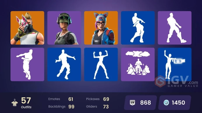 | PC/PSN/XBOX | 57 SKINS | Trailblazer | Renzo the Destroyer | Blackheart | Lynx | A.I.M. | Calamity | Ragnarok | Mizuki | 1450 VBUCKS | GLxPi |