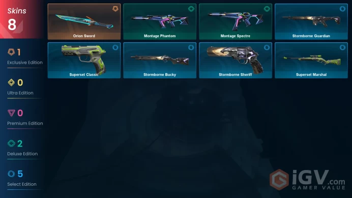 LA | VP 46 | LVL 21 | Orion Sword | Montage Phantom | Montage Spectre | Superset Marshal | Stormborne Bucky | Stormborne Guardian | Supe | V0532