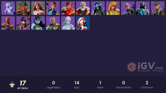 17 skins | Galaxy | Pyreheart | Chappell Roan | Wonder Onesie | Lt. Winter | Synthesis | Explorer Emilie | Skull Raider | The Order (Reforged) |