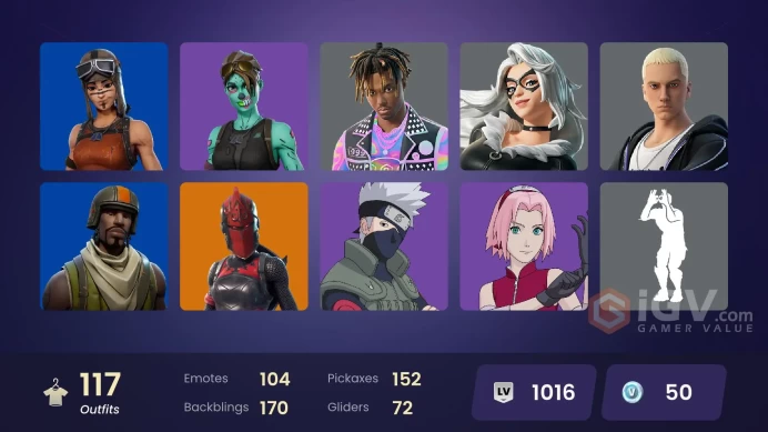 117 skins | Renegade Raider | Aerial Assault Trooper | Fixer | Naruto Uzumaki | Cuddle Team Leader | Raptor | Deadeye | Dark Vanguard | 50 VB