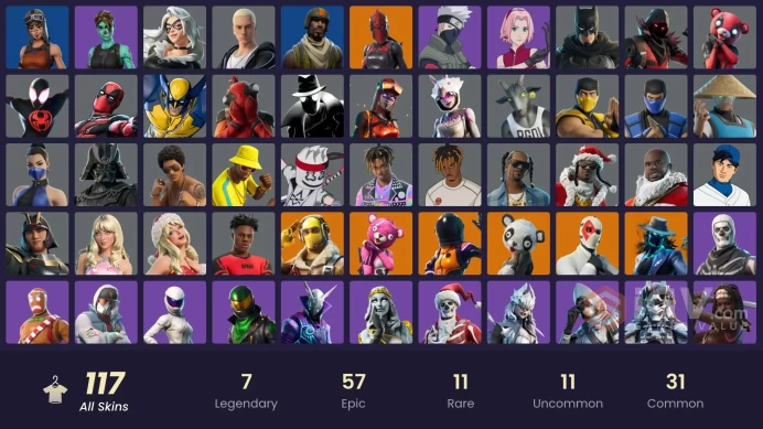 117 skins | Renegade Raider | Aerial Assault Trooper | Fixer | Naruto Uzumaki | Cuddle Team Leader | Raptor | Deadeye | Dark Vanguard | 50 VB