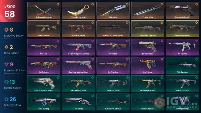 58 Skin // EU-TR // Elderflame + Araxys + Singularity + Chaos + Overdrive + Oni + Gaia + Prime + Ion + 4 Knife // FULL Access // Platinum 3