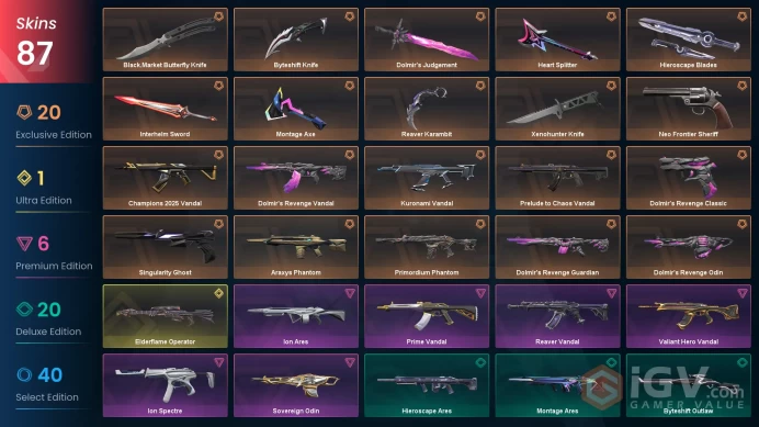 87 Skin // EU-TR // Elderflame + Kuronami + Champions + Prime + Chaos + Dolmir's + Reaver + Araxys + Primordium + 9 Knife + MORE // FULL Access