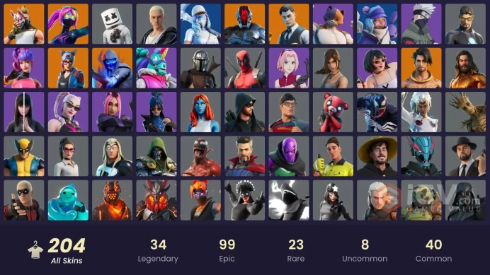 204 skins | Gold Brutus | Gold Midas | Snake Eyes | Naruto Uzumaki | Game Knight | The Cube Queen | Kymera | Ronin | Vi | The Imagined
