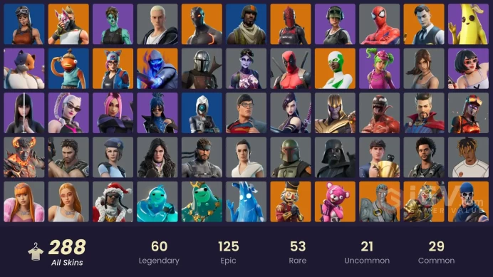 287 skins | OG STW | Renegade Raider | Aerial Assault Trooper | Gold Brutus | Omega (stage 5) | Gold Midas | WORLD CUP | Keri Commander 