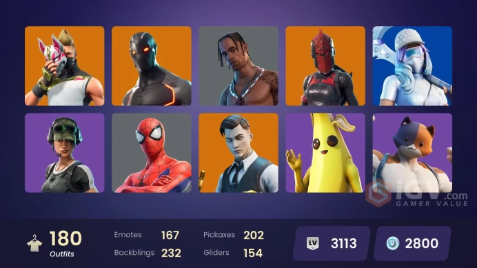 180 skins | Neo Versa | Travis Scott | Gold Brutus | Gold Midas | Trailblazer | Rogue Agent | Kymera | The Visitor | Ronin | Spire Assassin