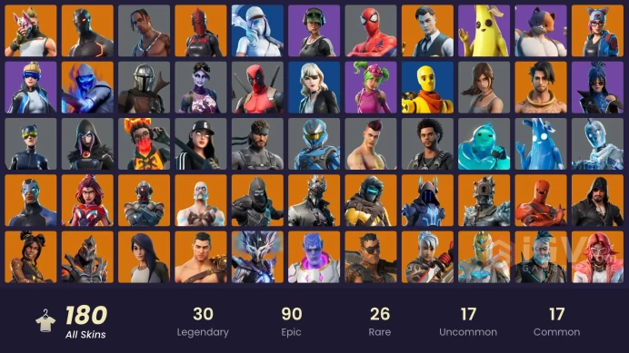 180 skins | Neo Versa | Travis Scott | Gold Brutus | Gold Midas | Trailblazer | Rogue Agent | Kymera | The Visitor | Ronin | Spire Assassin