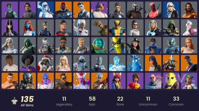 135 skins | Tart Tycoon | The Cube Queen | Kymera | Ronin | Gear Specialist Maya | The Foundation | Joey | Midas | Fade | Menace | Predator