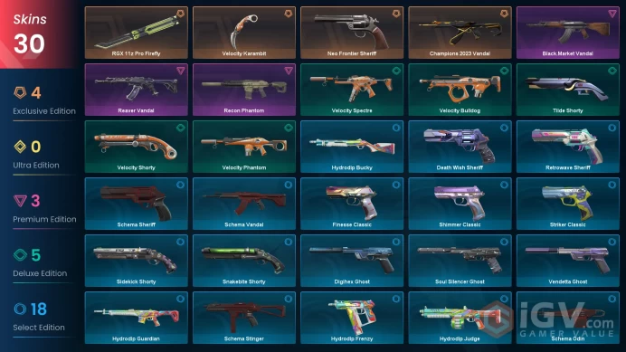 EU | 30 Skins | Full Acces | Champions 2023 Vandal | Rgx11z Pro Firefly | Neo Frontier Sheriff | Black Market Vandal | Reaver Vandal