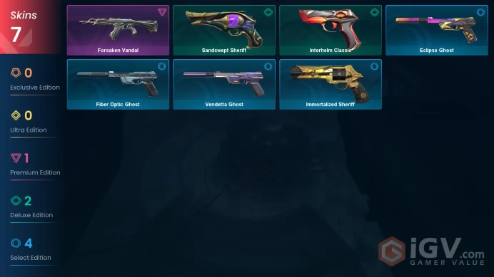 | AP | 7 SKINS | VALUE: 1775 VP | Forsaken Vandal | Interhelm Classic | RANKED READY | 122 LEVEL | INSTANT DELIVERY | FULL ACCESS | GePc0 |