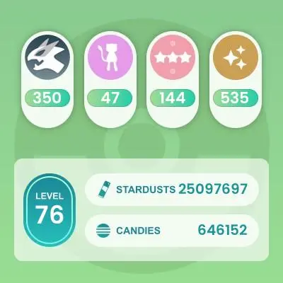 Level 76, 4 Legendary IV100, 535 Shiny, 350 Legendary, 144 IV 100, 16 Shiny Legendary, 56 Shadow Legendary