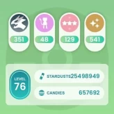 Level 76, 2 Legendary IV100, 541 Shiny, 351 Legendary, 129 IV 100, 19 Shiny Legendary, 57 Shadow Legendary