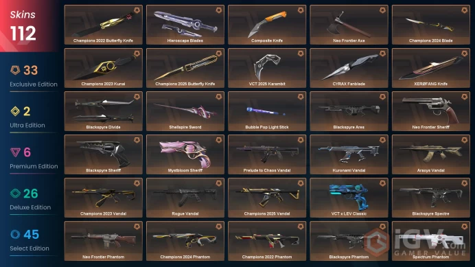 AP/THA 112115 Spent VP Champions 2022-2023-2024-2025 Bundle VCT 2025 Karambit Evori Dreamwings Vandal Prelude to Chaos Vandal Primordium Phantom