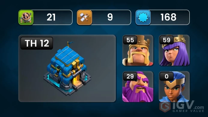 ■TH:12 (71%) (GemValue:3612$) ■Heroes: K55 Q59 P30 W29 ■Skins:1 ■BH:9 ■Full Access ■Instant Delivery ■A541 _____________________________________